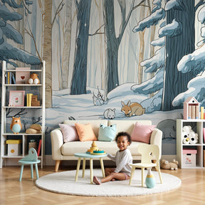 Winter forest mural wallpaper with snowy woodland animals in cozy nursery by Kids-Mundo
