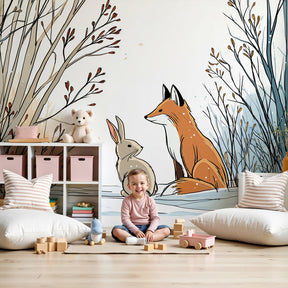 Winter forest fox and rabbit mural wallpaper in cozy nursery setting by Kids-Mundo