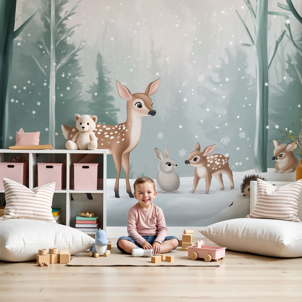 Winter forest mural wallpaper with gentle deer creating peaceful nursery decor by Kids-Mundo