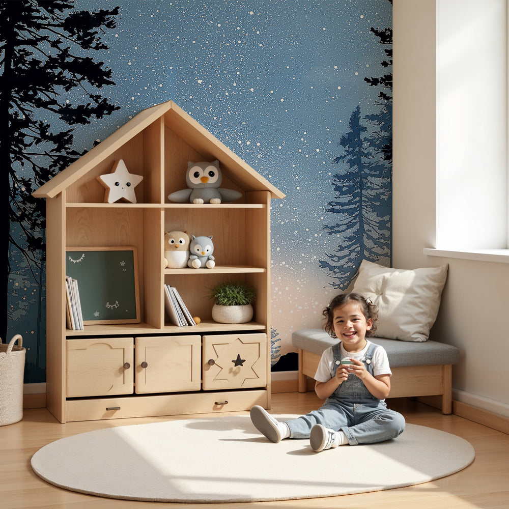 Winter forest mural wallpaper in cozy nursery with natural wood crib by Kids-Mundo