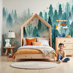 Winter forest mural wallpaper creating enchanted woodland nursery decor by Kids-Mundo