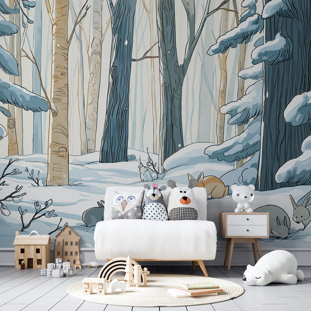 Woodland animal mural wallpaper with rabbits and fox in children's playroom setting
