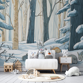 Woodland animal mural wallpaper with rabbits and fox in children's playroom setting