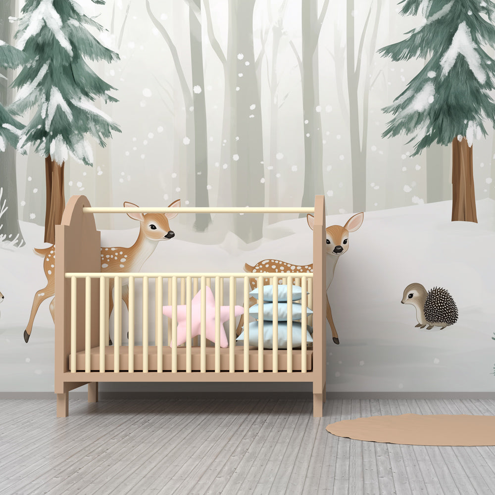 Snow-covered forest wallpaper with woodland animals in cozy kids playroom setting