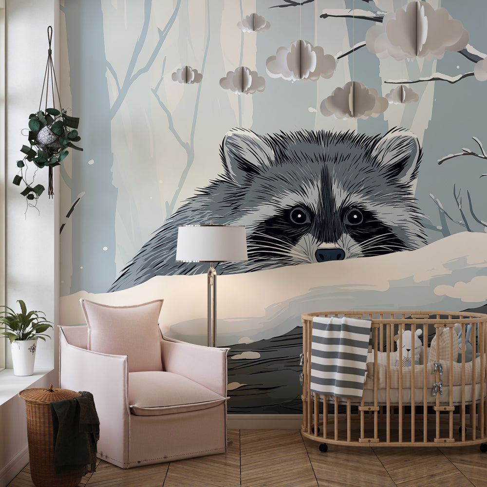 Forest animal mural wallpaper transforming children's playroom into winter wonderland
