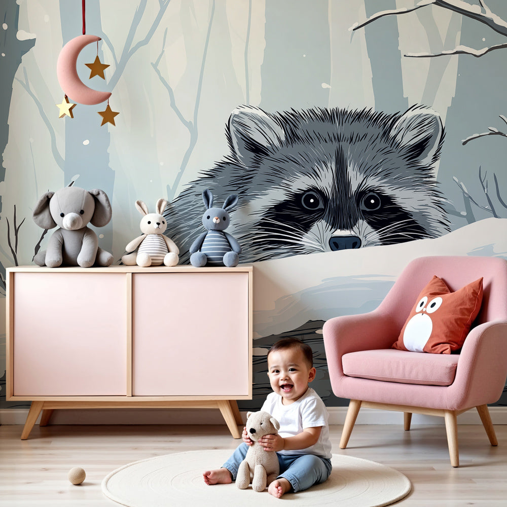 Winter forest raccoon mural wallpaper in elegant nursery setting by Kids-Mundo