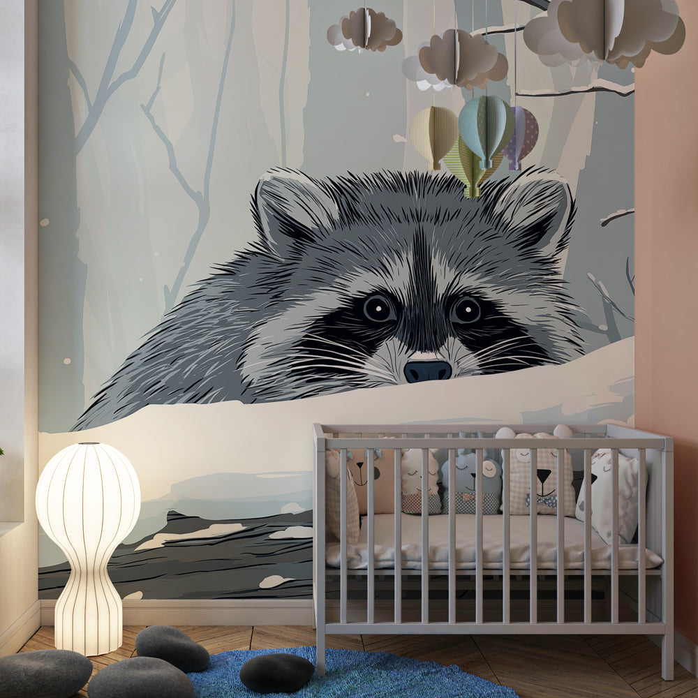 Snowy woodland mural wallpaper creating peaceful kids bedroom atmosphere with raccoon theme
