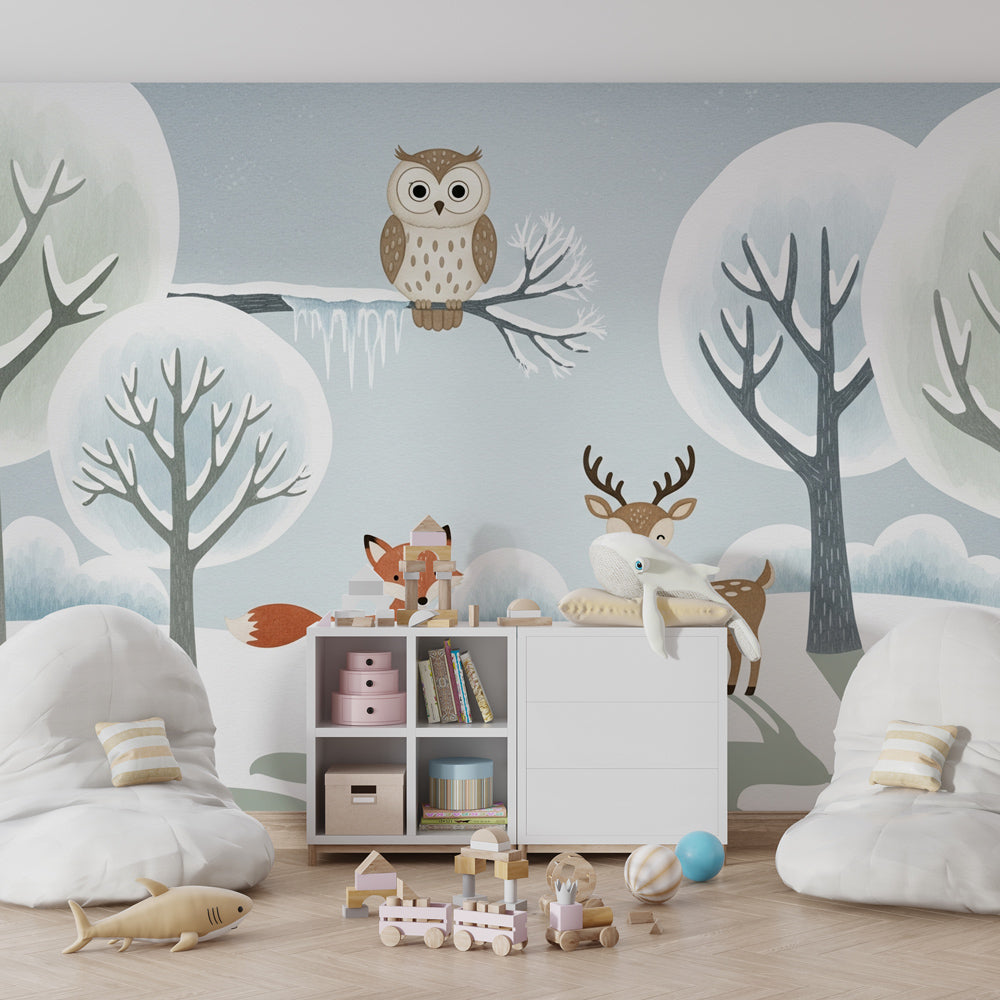 Forest animals mural wallpaper featuring owl fox and deer in cozy toddler room setting