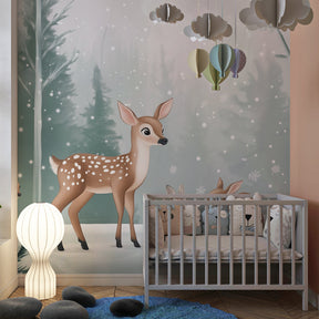 Winter woodland mural wallpaper creating magical forest atmosphere in children's room