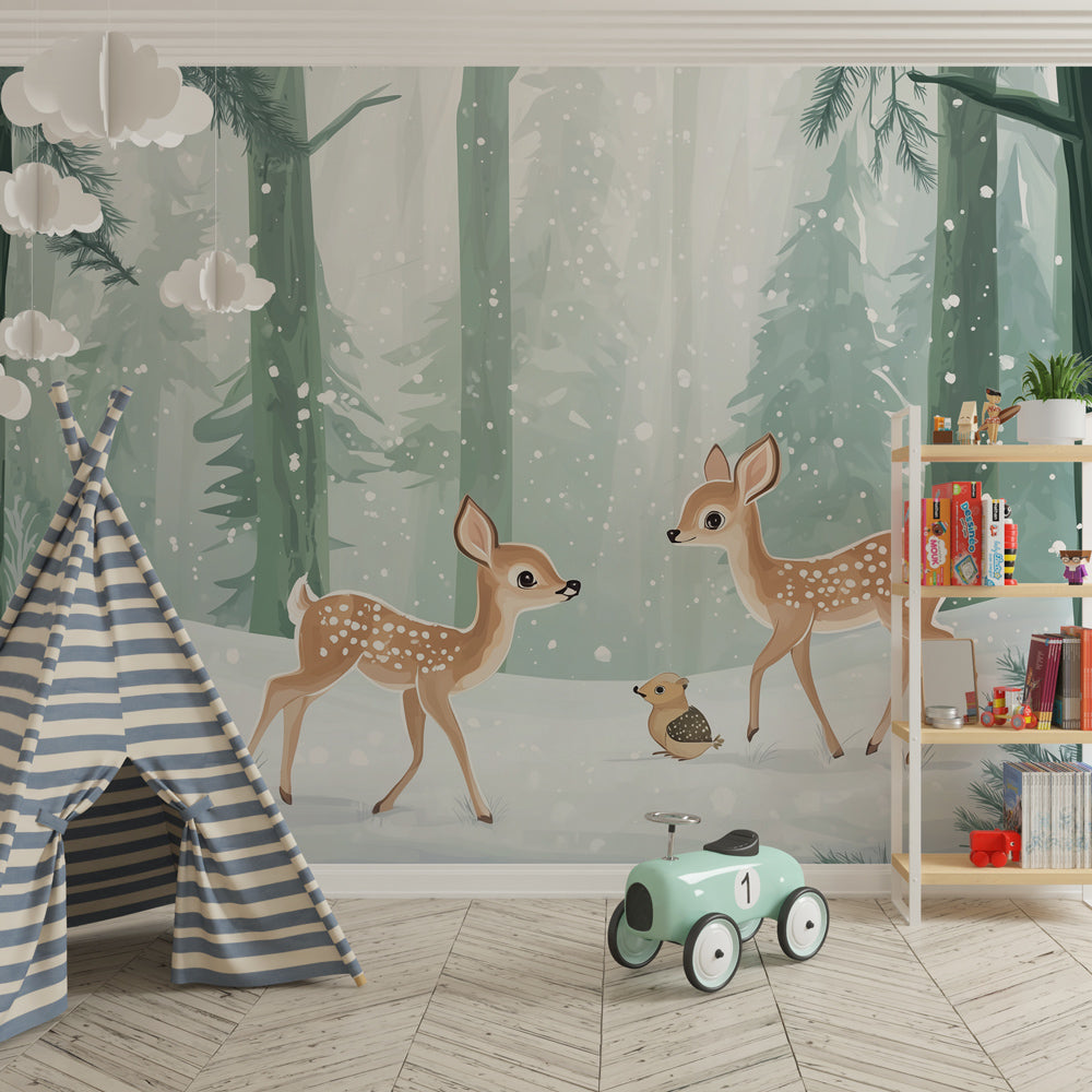 Peaceful woodland nursery featuring winter forest wallpaper with gentle deer characters