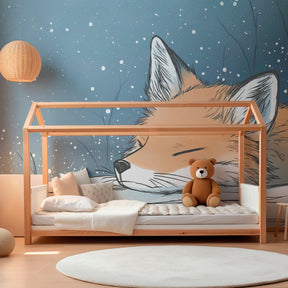 Peaceful fox wallpaper creating serene winter atmosphere in children's bedroom decor