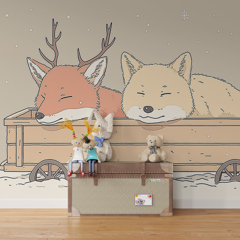 Peaceful winter animal mural wallpaper with sleeping fox and fawn in children's bedroom
