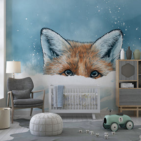 Curious fox in snow mural wallpaper creating magical children's bedroom atmosphere