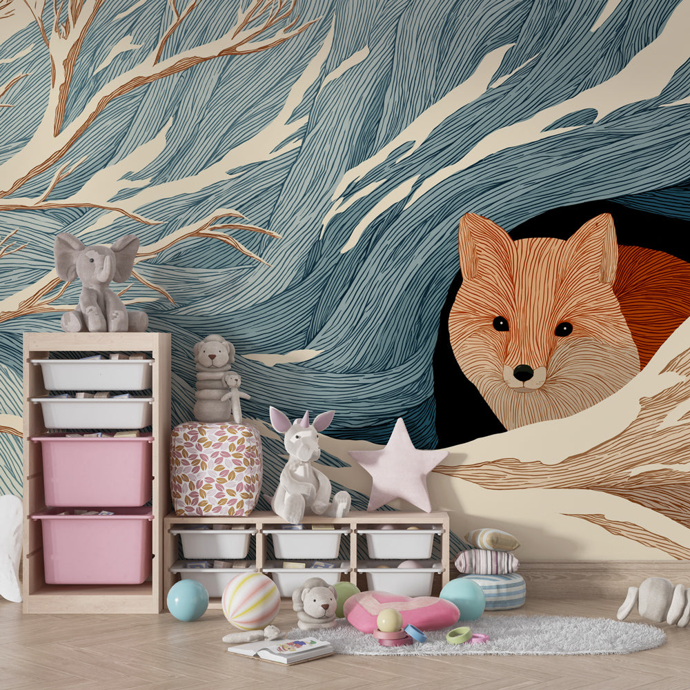 Peaceful winter fox wallpaper in modern children's bedroom setting with natural decor