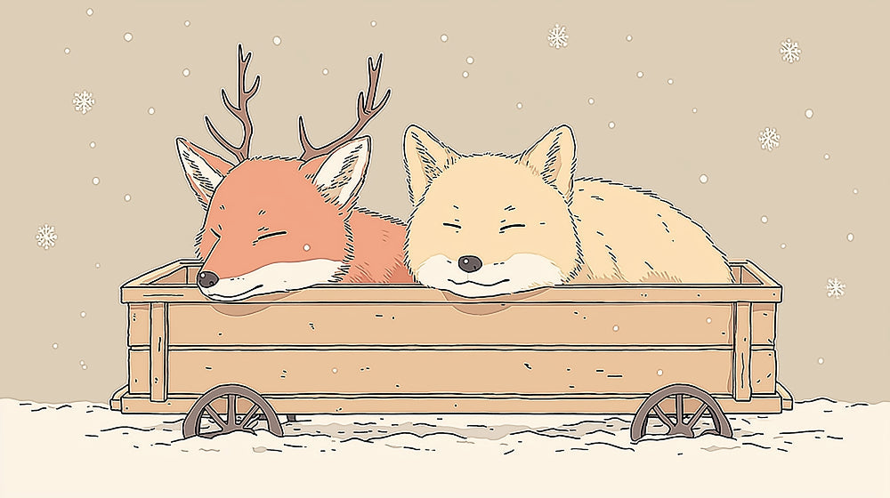 Detailed winter fox and fawn mural wallpaper design pattern with sleeping animals by Kids-Mundo