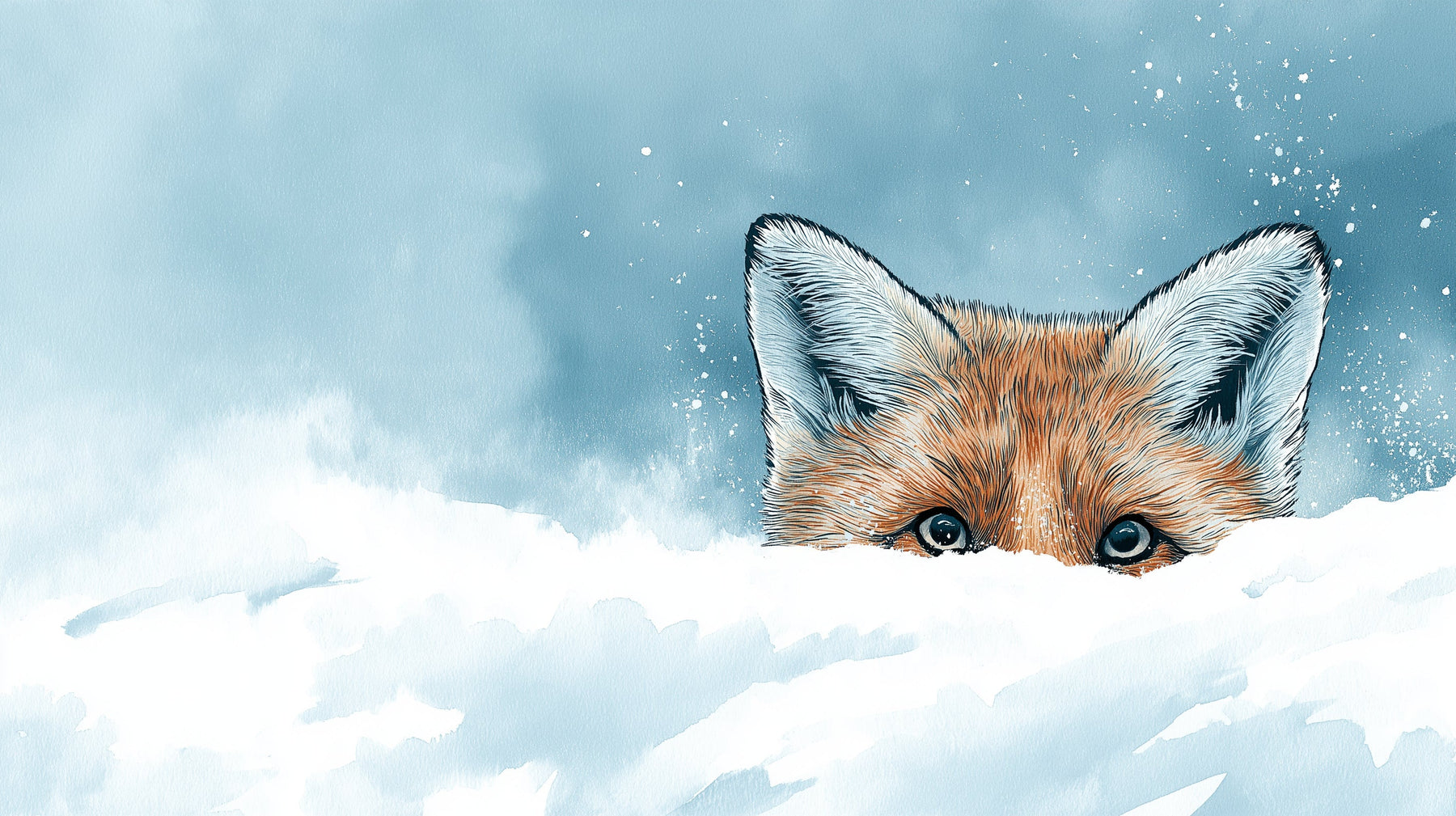 Detailed winter fox in snow mural wallpaper design pattern showing curious orange fox by Kids-Mundo