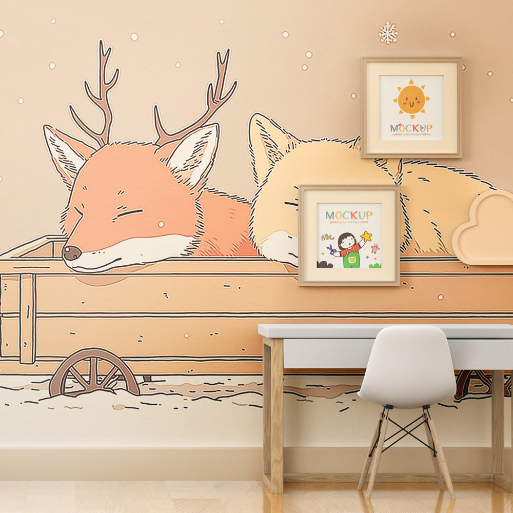 Beige winter fox wallpaper with wooden cart scene for gender-neutral kids room by Kids-Mundo