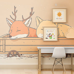 Beige winter fox wallpaper with wooden cart scene for gender-neutral kids room by Kids-Mundo