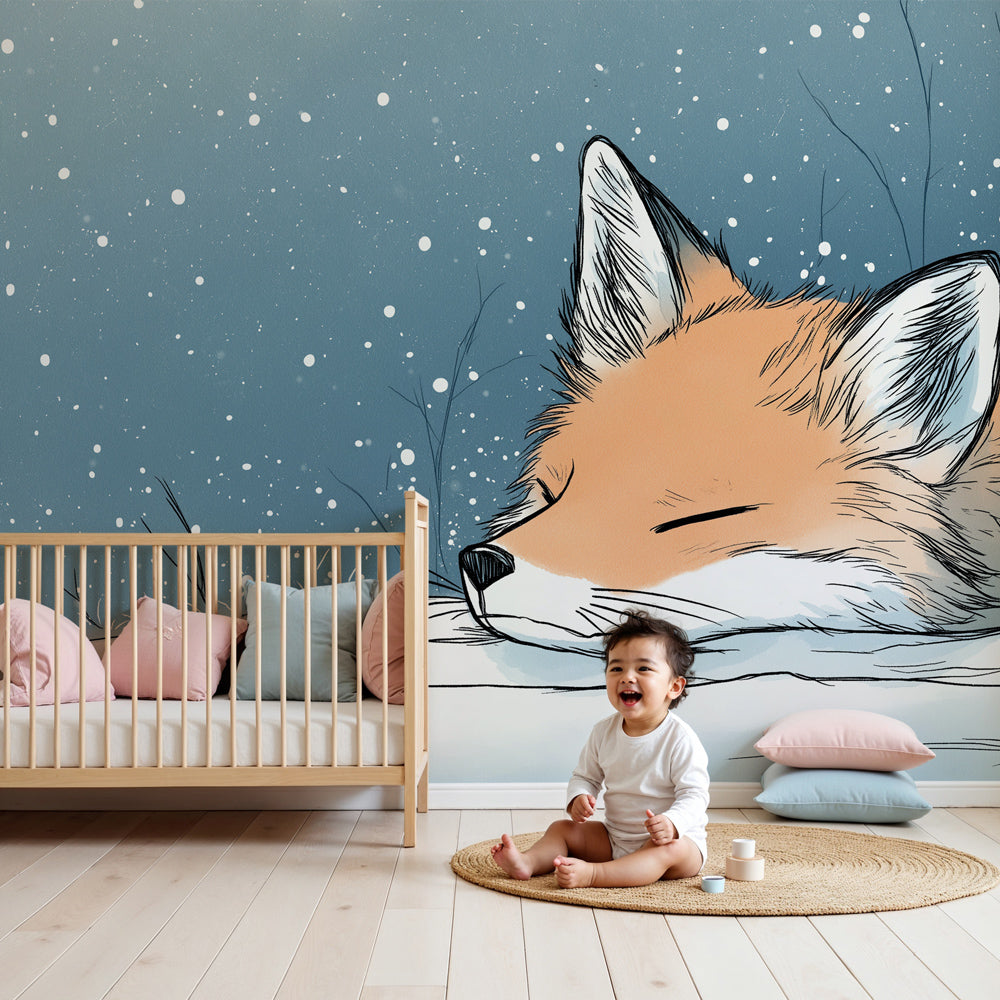 Winter fox mural wallpaper in cozy nursery with sleeping fox in snow scene by Kids-Mundo