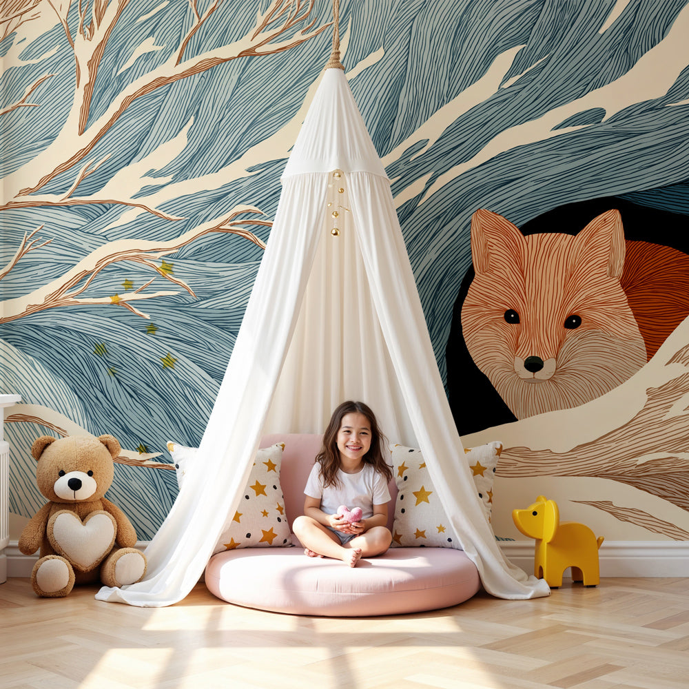 Winter fox mural wallpaper creating cozy woodland nursery decor by Kids-Mundo
