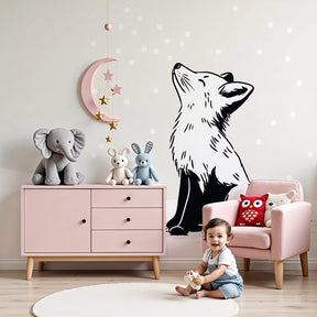 Winter fox mural wallpaper in modern nursery with wooden crib and soft decor by Kids-Mundo