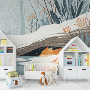 Snowy forest fox mural wallpaper transforming kids playroom into magical woodland space
