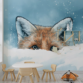 Orange fox winter scene mural wallpaper transforming kids playroom into forest wonderland