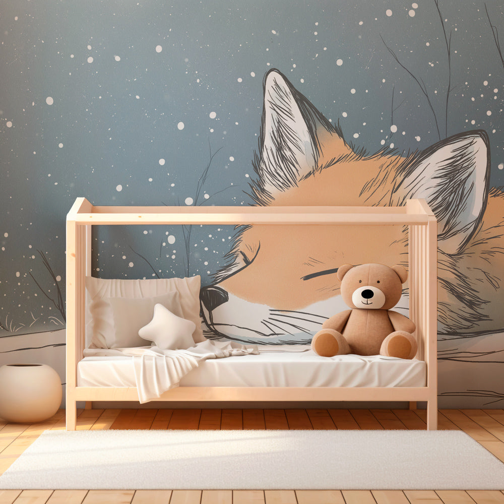 Winter animal wallpaper with sleeping fox transforming kids room into magical retreat