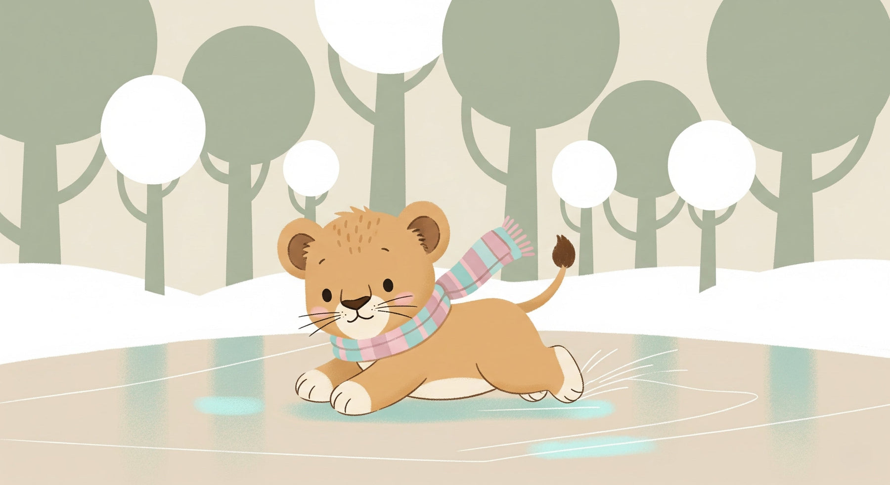 Detailed winter lion cub ice skating mural wallpaper design pattern by Kids-Mundo