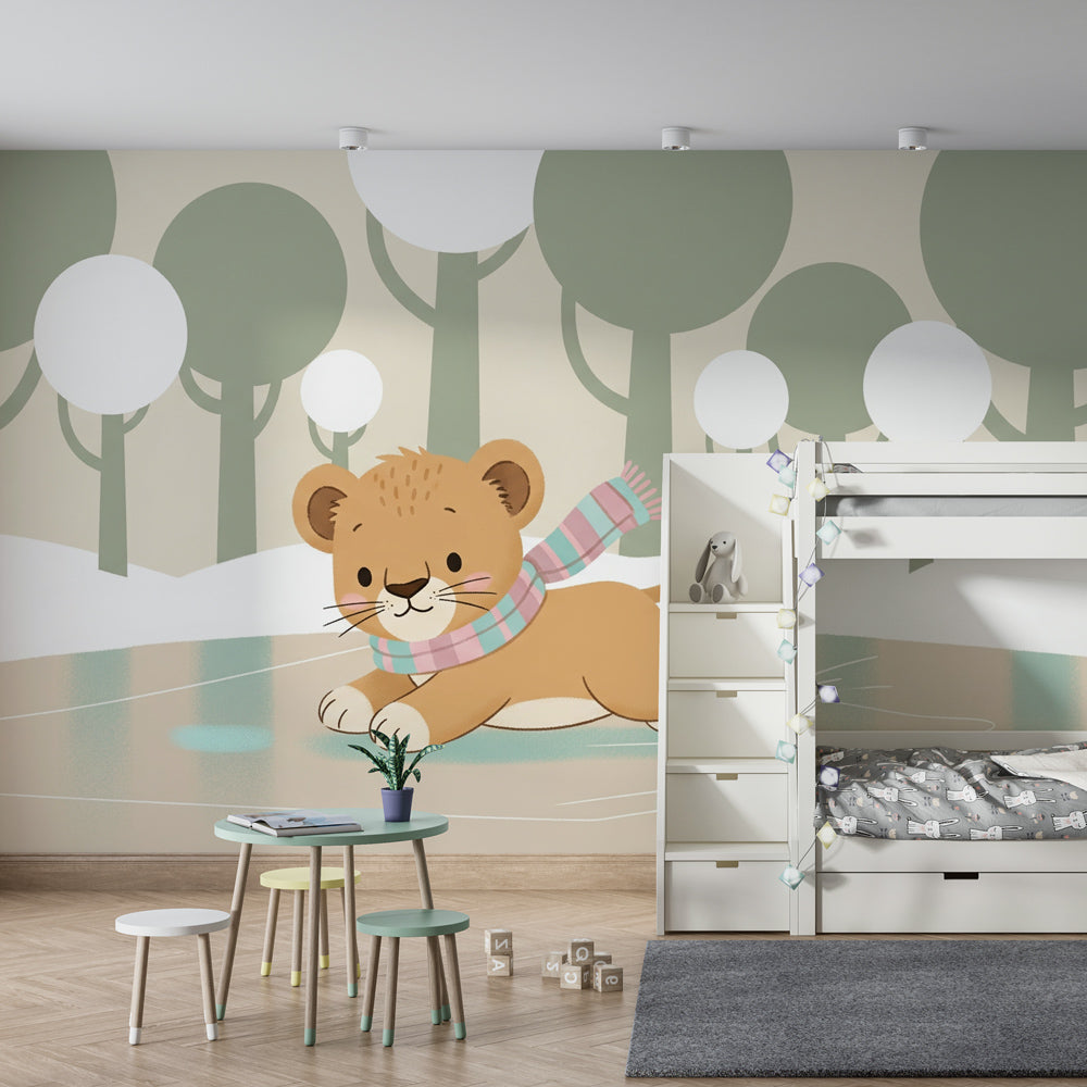 Charming lion cub winter wallpaper creating cozy atmosphere in toddler bedroom