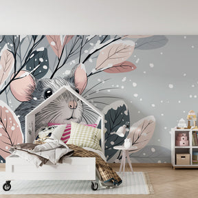 Close-up view of winter mouse mural wallpaper showing detailed snowy branches in children's room