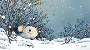 Detailed winter mouse mural wallpaper design pattern with golden stars and snowy branches by Kids-Mundo