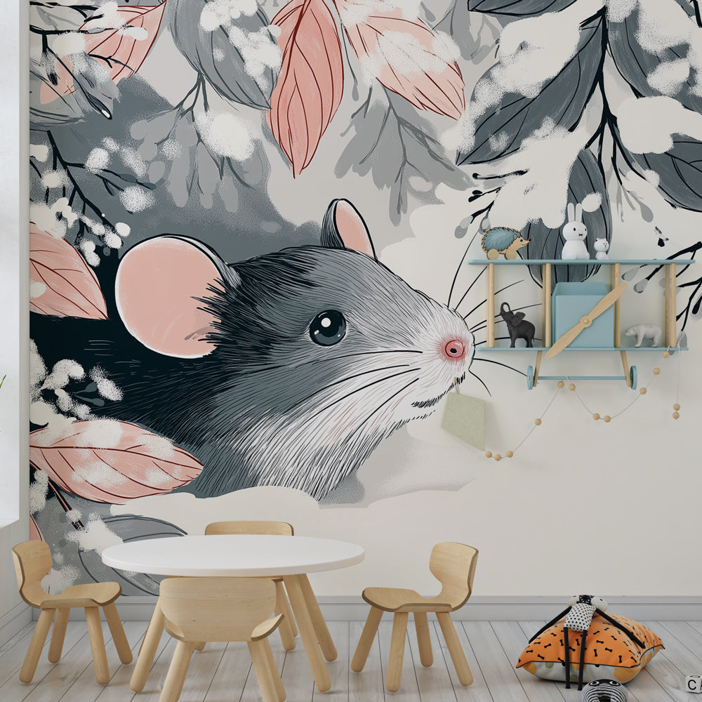 Forest mouse wallpaper creating cozy winter nursery decor with natural wood accents