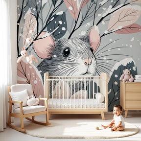 Winter mouse mural wallpaper in cozy children's nursery with natural wood furniture by Kids-Mundo