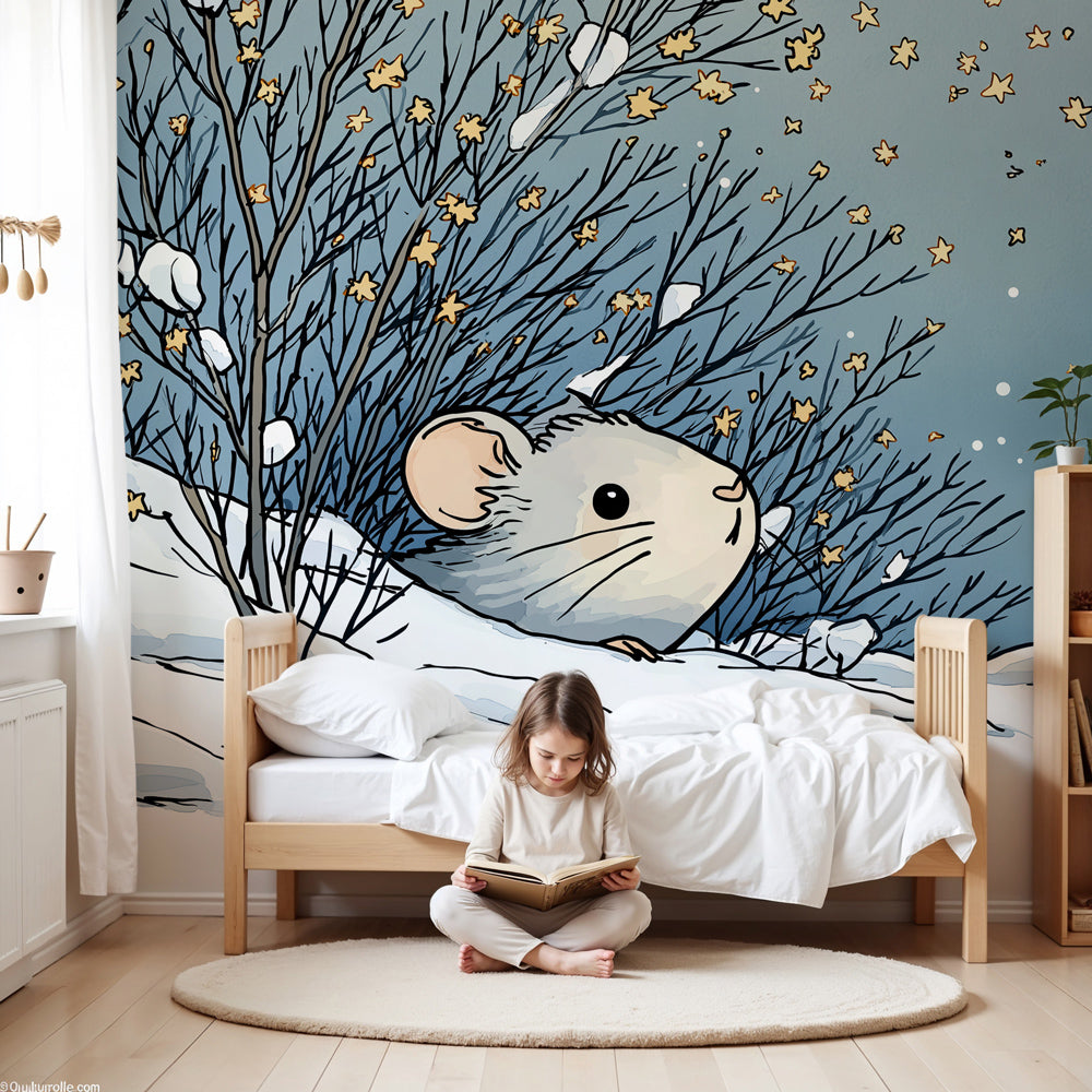 Winter mouse mural wallpaper in cozy children's nursery with snowy woodland theme by Kids-Mundo