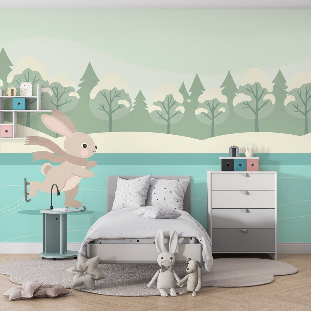 Ice skating bunny wallpaper creating magical winter atmosphere in kids bedroom decor