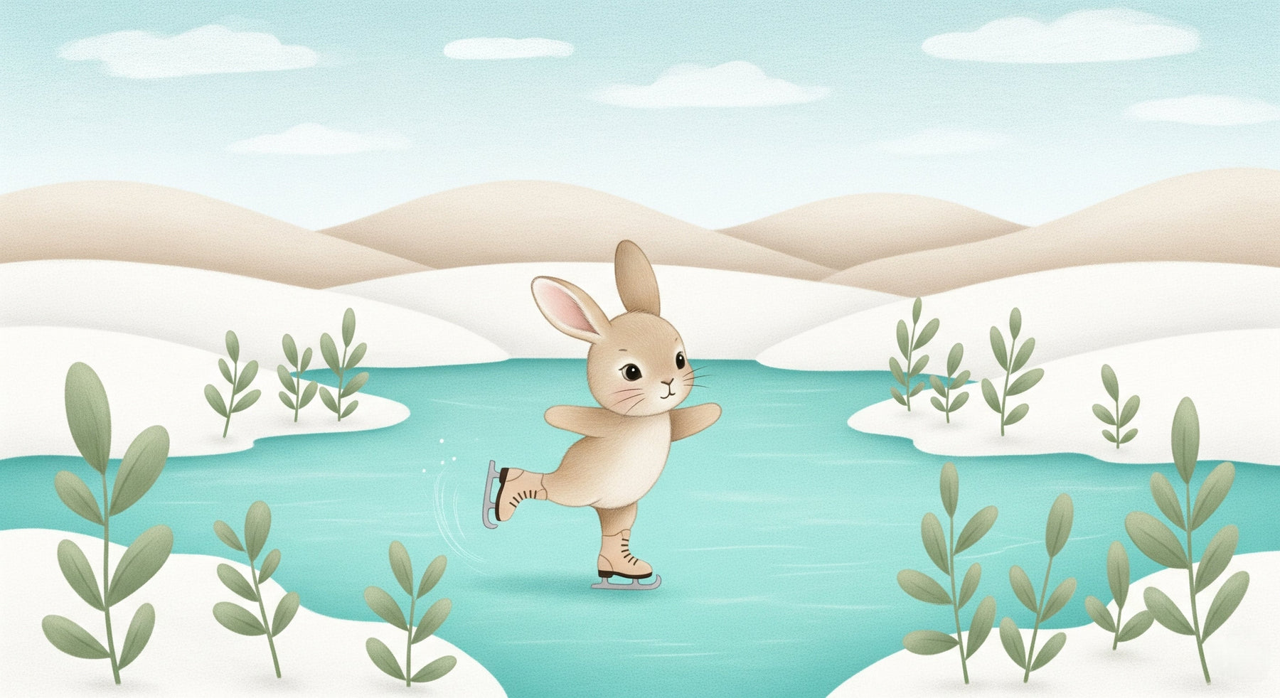 Detailed winter rabbit ice skating mural wallpaper design pattern showing bunny on frozen lake by Kids-Mundo