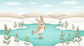 Detailed winter rabbit ice skating mural wallpaper design pattern showing bunny on frozen lake by Kids-Mundo