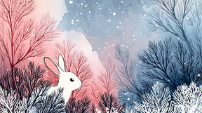 Detailed winter rabbit forest mural wallpaper design pattern showing enchanted woodland scene by Kids-Mundo