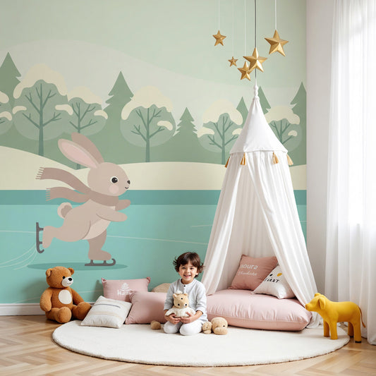 Winter rabbit ice skating mural wallpaper in cozy children's nursery room by Kids-Mundo