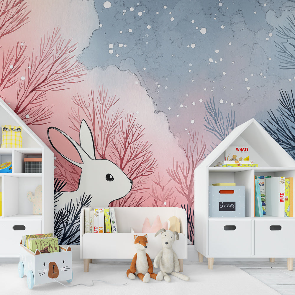 Snow forest rabbit mural wallpaper transforming kids playroom into fairy-tale winter wonderland
