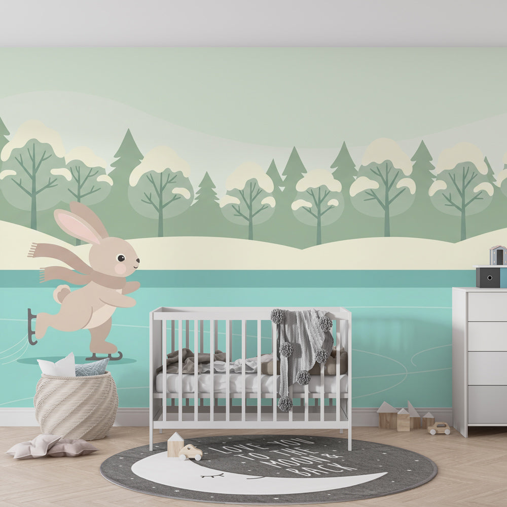 Winter animal mural wallpaper with skating rabbit in modern children's playroom setting