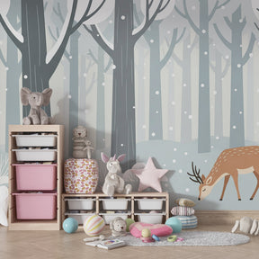 Close-up view of winter reindeer mural wallpaper showing detailed forest scene