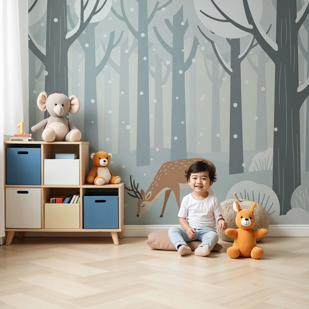 Winter reindeer mural wallpaper in cozy nursery with wooden crib by Kids-Mundo
