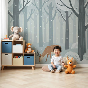 Winter reindeer mural wallpaper in cozy nursery with wooden crib by Kids-Mundo