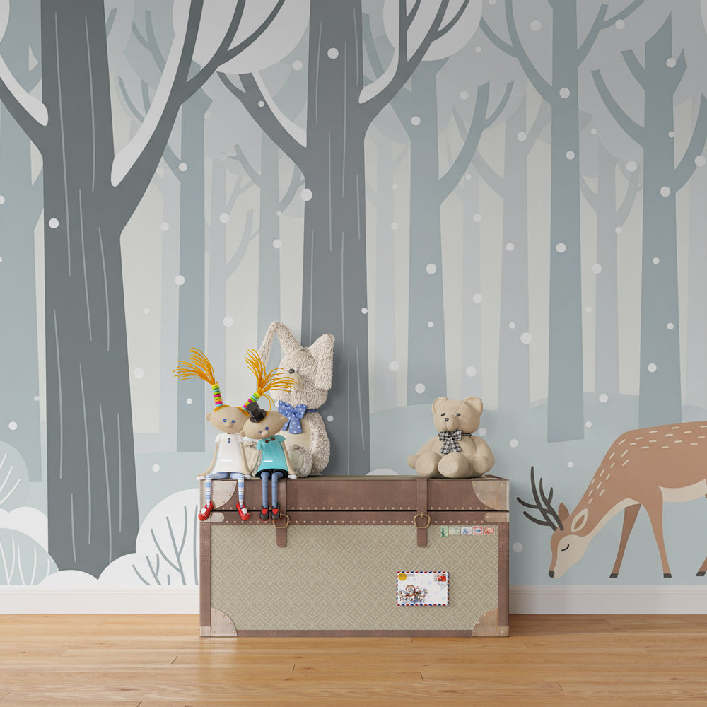 Snowy forest reindeer wallpaper creating peaceful atmosphere in toddler bedroom