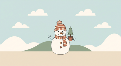 Kids-Mundo flat artwork of a smiling snowman holding a small potted fir tree