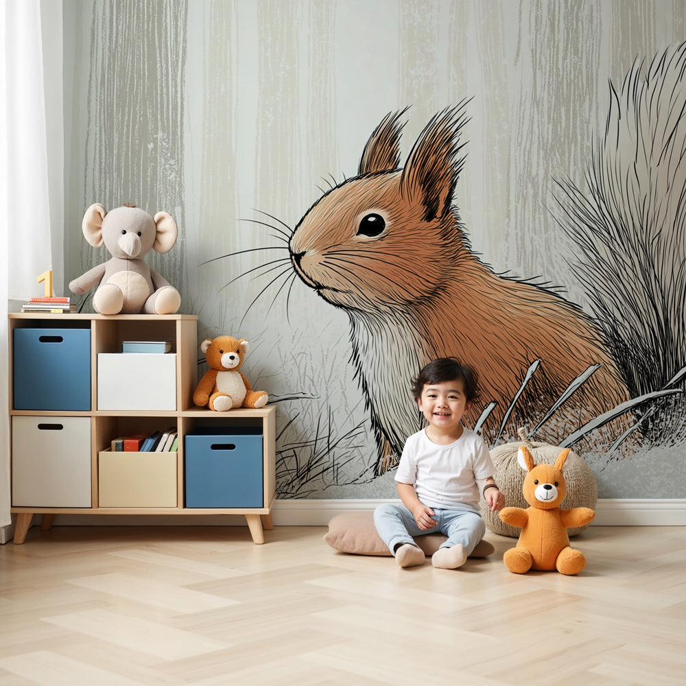 Winter squirrel mural wallpaper creating peaceful forest atmosphere in modern children's nursery by Kids-Mundo