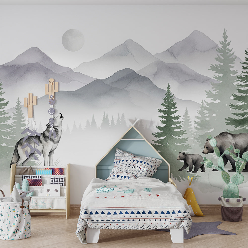 Kids-Mundo watercolour wolf and bear mural covering a wall in a woodland-themed bedroom