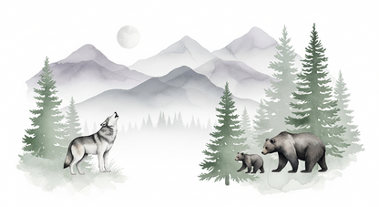 Kids-Mundo watercolour illustration of a howling wolf and a mother bear with her cub in misty mountains